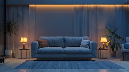 Dark living room interior with comfortable grey sofa and glowing lamps at evening