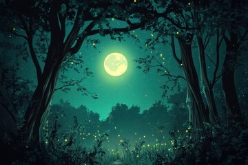 Fototapeta premium Full Moon Shining Over a Forest With Fireflies