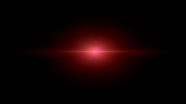 Realistic red light lens flare on black background.