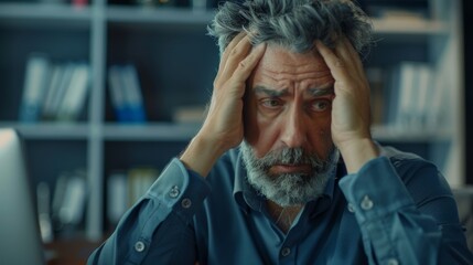 Frustration and fatigue in the office while handling financial reports, highlighting issues in business and career challenges faced by a corporate executive