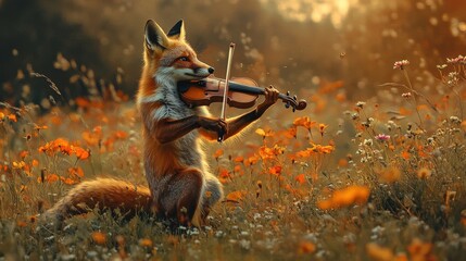 In a peaceful meadow bursting with vibrant flowers, a fox passionately plays the violin, creating a delightful atmosphere as the sun sets, casting a warm glow