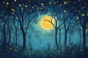 A Nighttime Forest Scene with a Full Moon and Fireflies