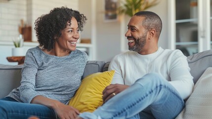 Obraz premium Affectionate mature couple relaxing on a sofa, enjoying a conversation and strengthening their bond in a cozy living space