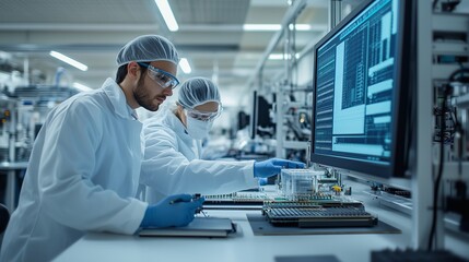 Scientists conduct research and analysis in a modern laboratory setting on a busy weekday morning