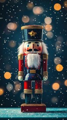 Festive nutcracker figurine standing on a mint table, with a deep navy background and holiday bokeh, copy space, Merry Christmas background, traditional holiday decor, festive nutcracker display