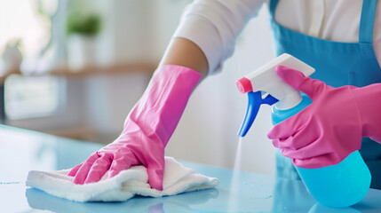 Obraz premium A woman in pink gloves cleans the table with blue spray and a yellow cloth while wearing an apron, focused on her task in a bright home interior