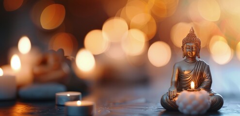 Buddha Statue Surrounded by Flickering Candles in Soft Evening Light