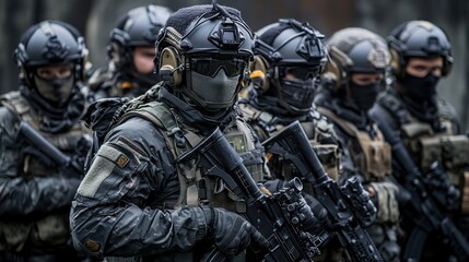 A group of armed soldiers in tactical gear preparing for a mission.