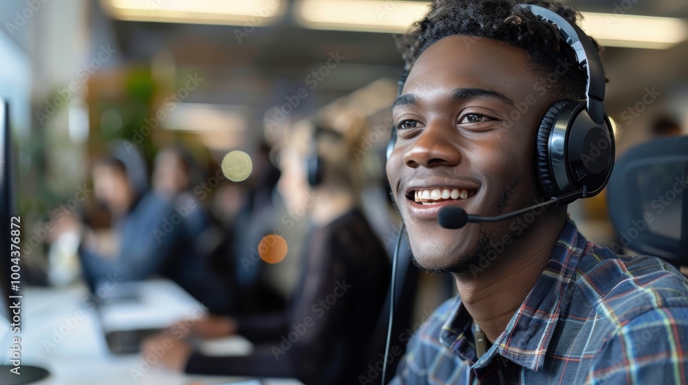 Poster nighttime call center scene featuring a smiling customer service expert and team collaborating in a 
