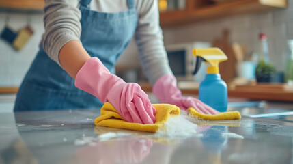 A woman in pink gloves cleans the table with blue spray and a yellow cloth while wearing an apron, focused on her task in a bright home interior