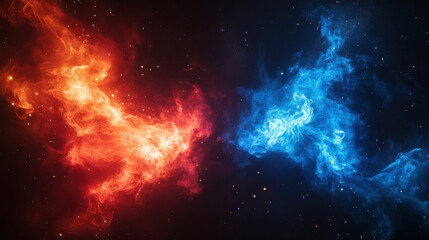 Fototapeta premium An abstract depiction of nebula smoke fire in red and blue light isolated on a black background, embodying the concept of versus, competition, and fight