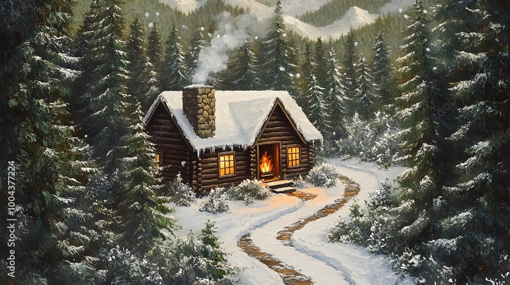 Poster a cozy log cabin nestled in a dense verdant forest with a crackling fireplace visible through the wi