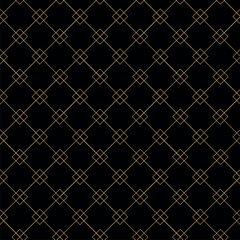 Abstract geometric pattern with squares, stripes, lines. Seamless vector background. Black and gold ornament. Modern graphic design.