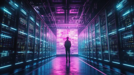 Silhouette of a person in a server room with neon lights