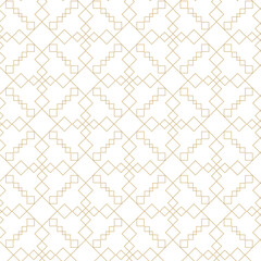 Abstract geometric pattern with squares, stripes, lines. Seamless vector background. White and gold ornament. Modern graphic design.