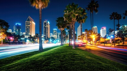 Obraz premium Nighttime Cityscape with Palm Trees