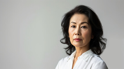 Mature Asian Woman in White Blouse, Serious Expression, Studio Portrait Copy Space