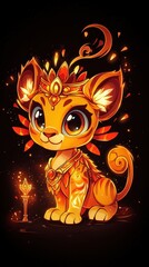 Cute Fiery Lion Cub with Crown and Staff