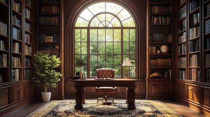Elegant Home Library with Wooden Bookshelves, AI generated illustration