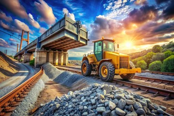 Wheel Loader Collecting Rubble at Flyover Construction Site for Unloading Railway Freight Cars