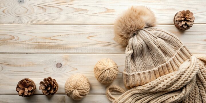 Cozy Knitted Scarf, Beige Cap with Pompon, and Warm Threads for Autumn and Winter Accessories Top View Flat Lay with Copy Space