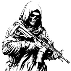 vector skull in a robe with a machine gun on a white background tattoo .Generative AI