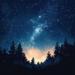 Naklejka premium Silhouetted Forest Against a Starry Night Sky