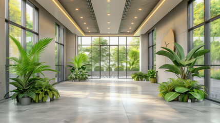 Fototapeta premium Modern indoor space with large windows and lush green plants..