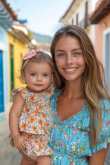 Smiling woman holds a toddler in a colorful village street during daytime