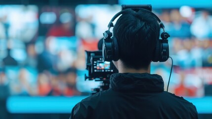 Back view of a videographer wearing headphones and operating a camera, filming in a vibrant environment, focusing on media production and video content creation.