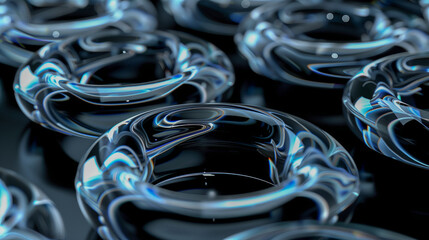 Abstract glossy glass rings with reflective surfaces in black..