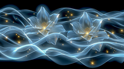 Glowing flowers with ethereal flowing light and starry accents..