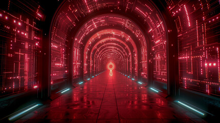 Futuristic Neon Tunnel with Red Digital Circuitry Glow..