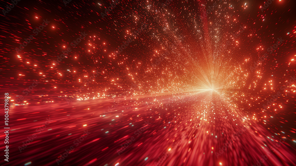 Poster futuristic light speed tunnel with red and orange streaks..