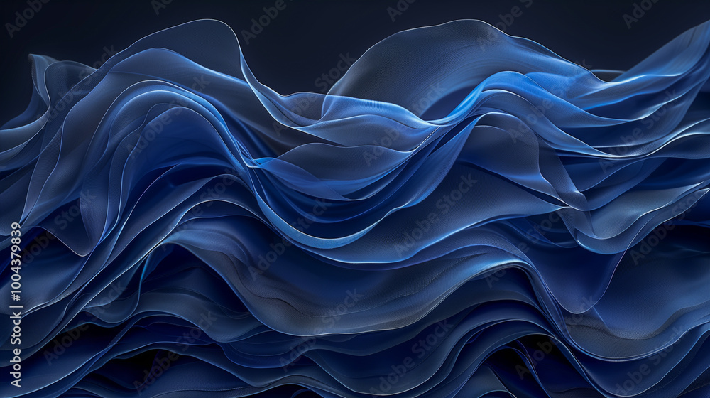 Poster abstract flowing layers of blue fabric-like waves..