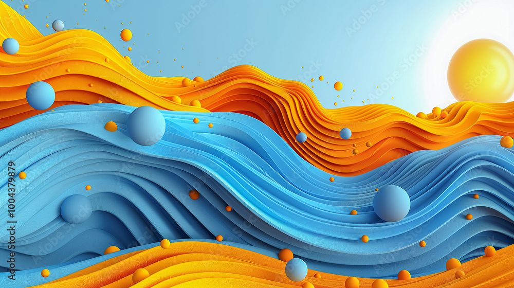 Poster abstract waves of orange and blue with floating spheres and sunlight..
