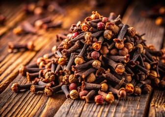Obraz premium Whole cloves on a rustic wooden surface, showcasing their rich brown color and unique texture.