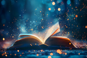 Magic book with open pages and abstract bokeh background.