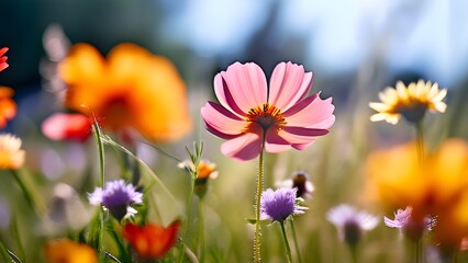 colorful wildflowers in a meadow with a soft breeze slightly moving the petals, creating a serene and lively atmosphere