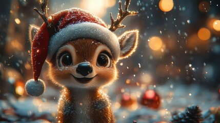 whimsical reindeer wearing santa hat playful expression twinkling eyes cartoon style vibrant colors festive background with snowflakes and ornaments holiday cheer and magic evident