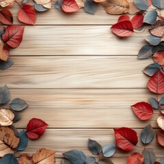 Fototapeta premium Autumn leaves and walnuts on a rustic wooden surface