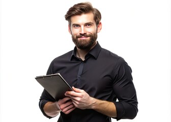 Young bearded businessman in black shirt with modern notebook on white background for mockup design