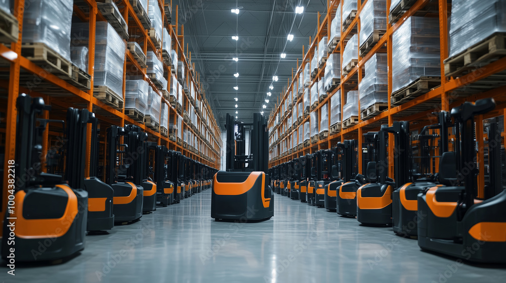 Poster modern warehouse filled with electric forklifts ready for efficient loading and unloading processes 