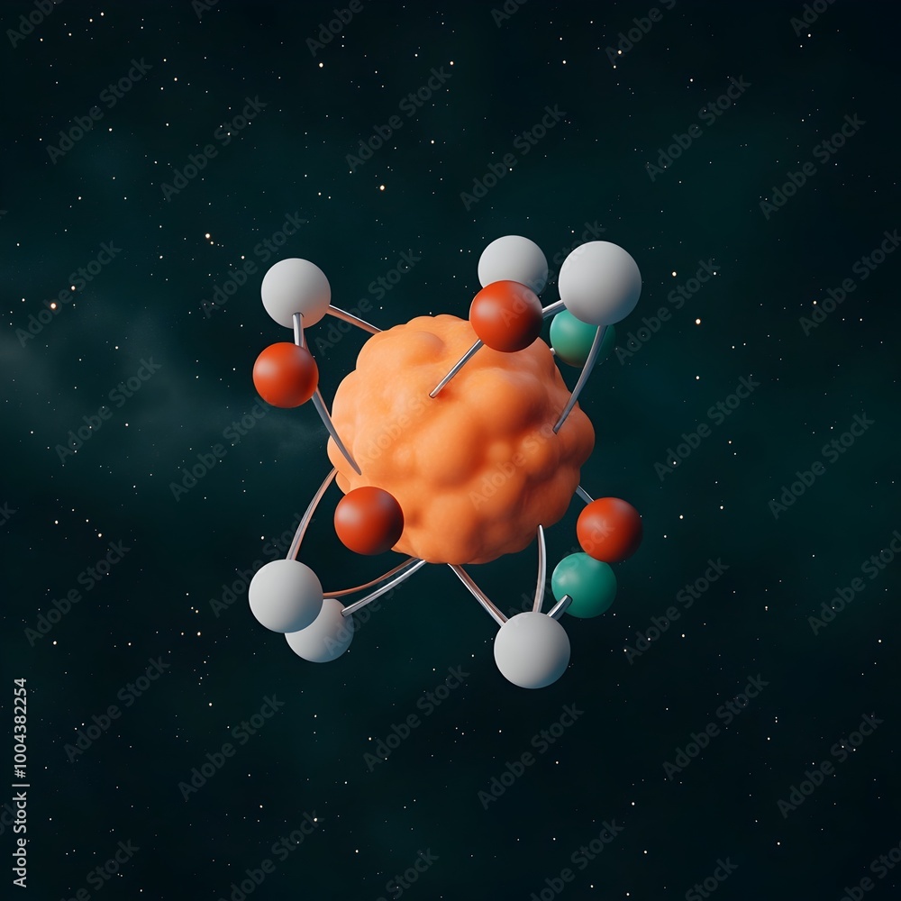 Poster visualizing atomic nucleus structure and subatomic particle interactions in 3d digital