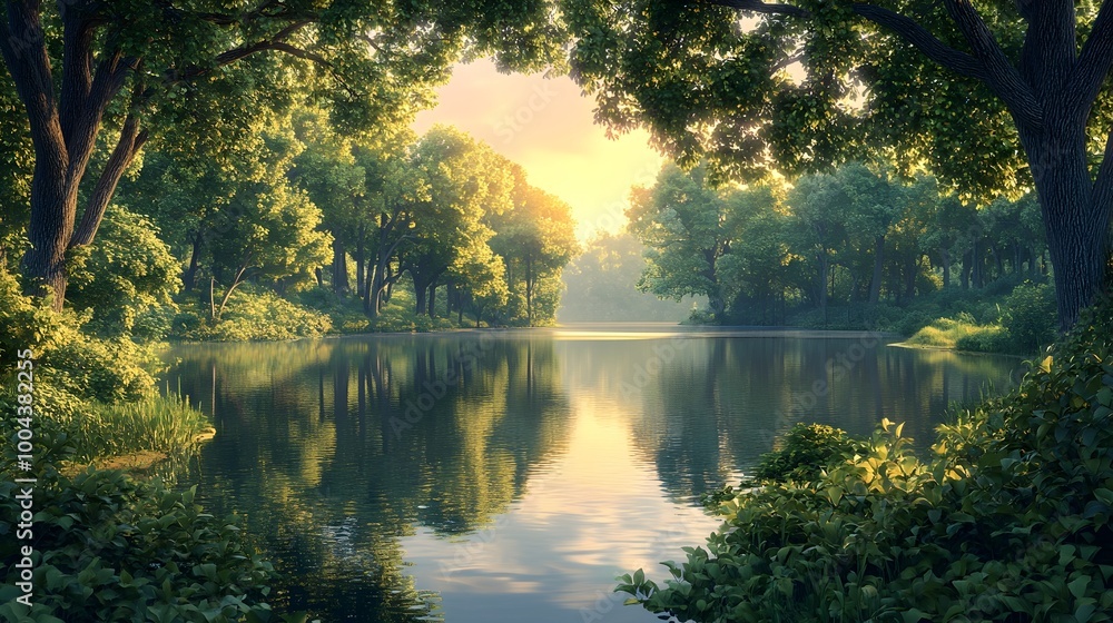 Aufkleber serene lakeside setting with calm waters mirroring the surrounding lush forest creating an intricate