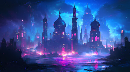Fototapeta premium Generative ai illustration of fairy - tale arabian night city with towers and mussels. night neon oriental city. fantasy urban arabic landscape. Arabian Nights. Illustration
