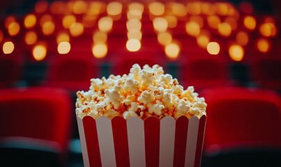 Box Full of Popcorn in an Empty Cinema Hall, AI generated illustration