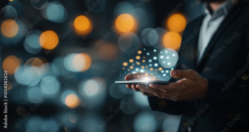 Poster person using tablet with colorful bokeh effect in modern indoor setting at night