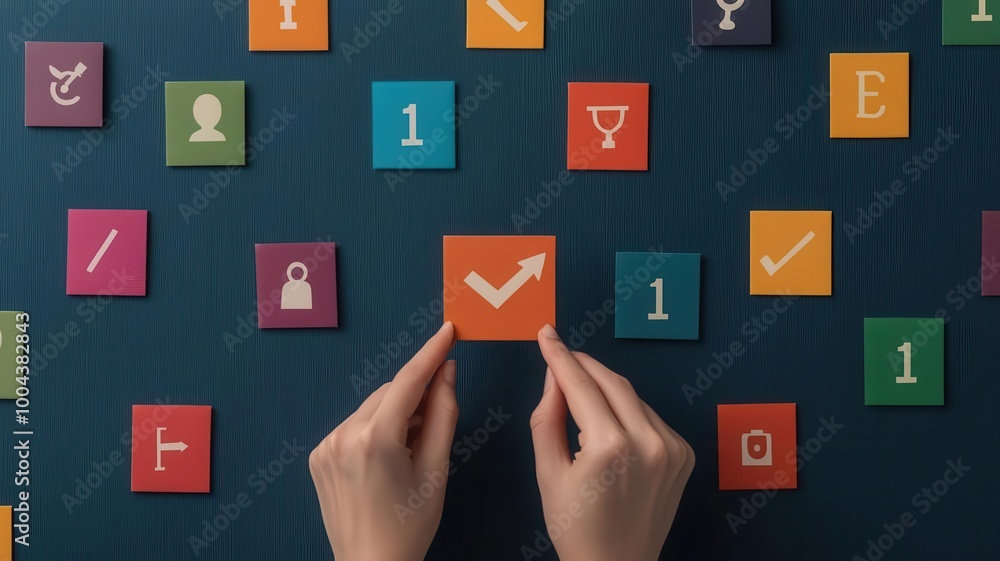 Poster a pair of hands is arranging colorful icons on a dark surface, showcasing various symbols related to