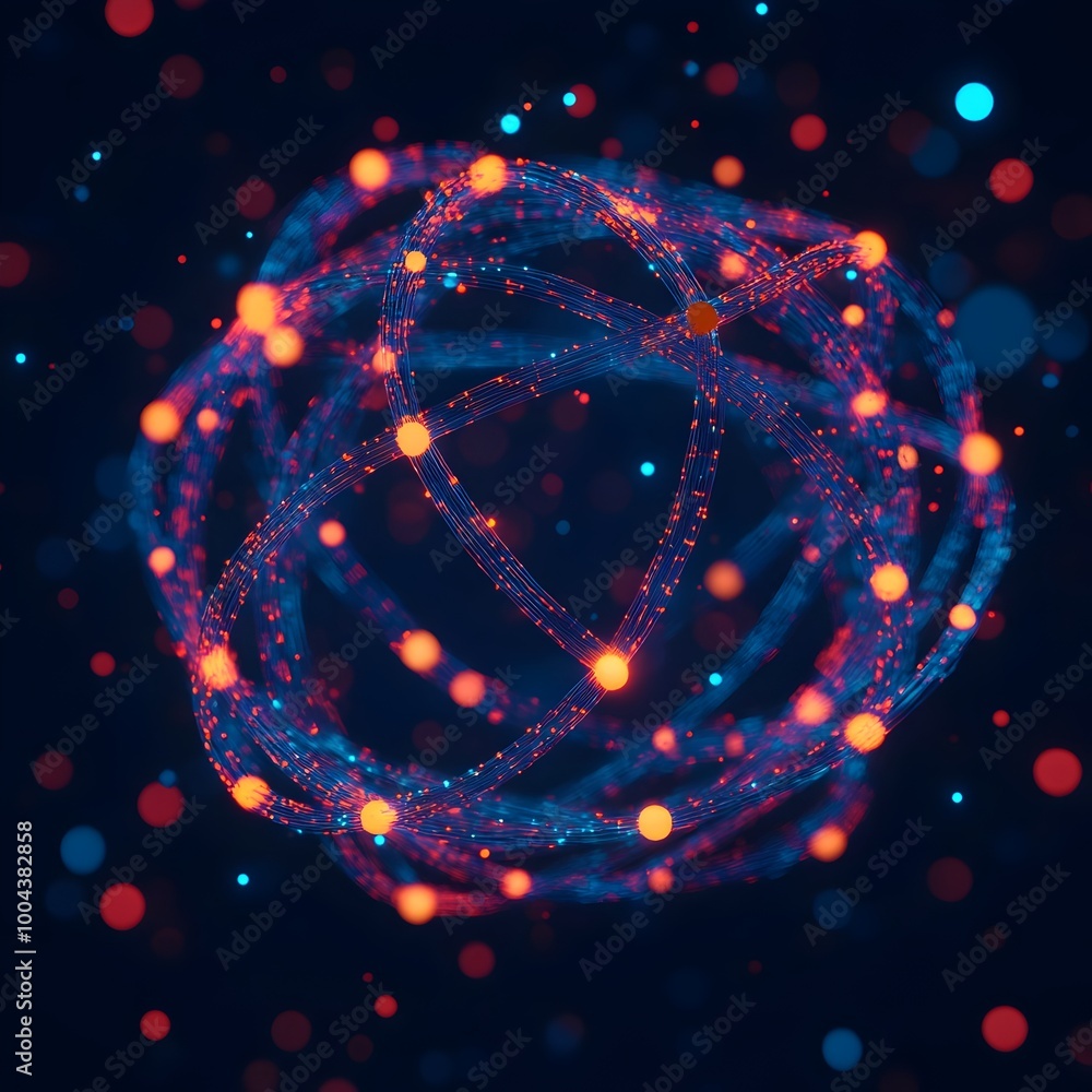 Poster quantum entanglement particles connected across boundless space 3d visualization